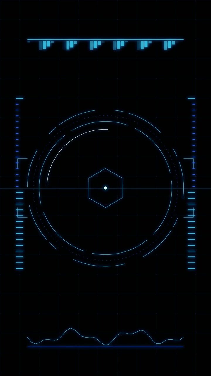 Futuristic Digital HUD Interface with Rotating Hexagon and Data Graphs