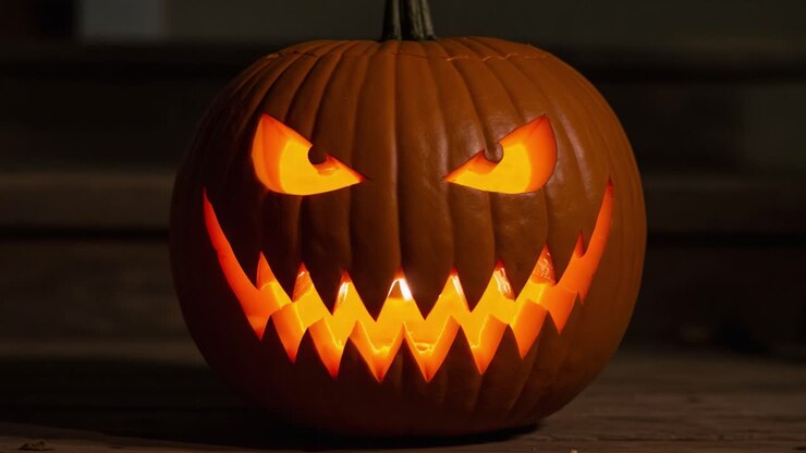 Enigmatic Halloween Pumpkin: A Sinister Jack-o'-Lantern with Fiery Orange Glow and Sharp Grin, Perfect for Spooky Decorations and Fall Festivities