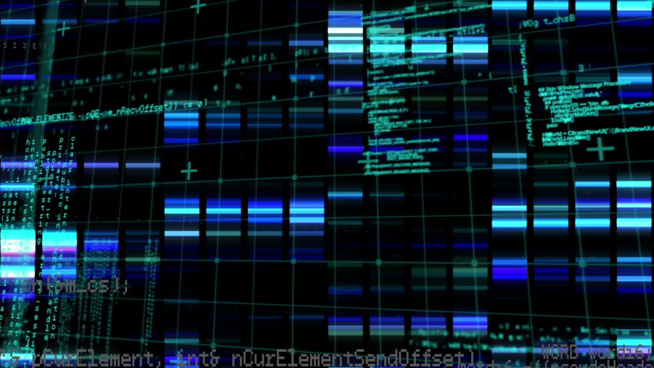 Animation of moving columns over data processing on black background