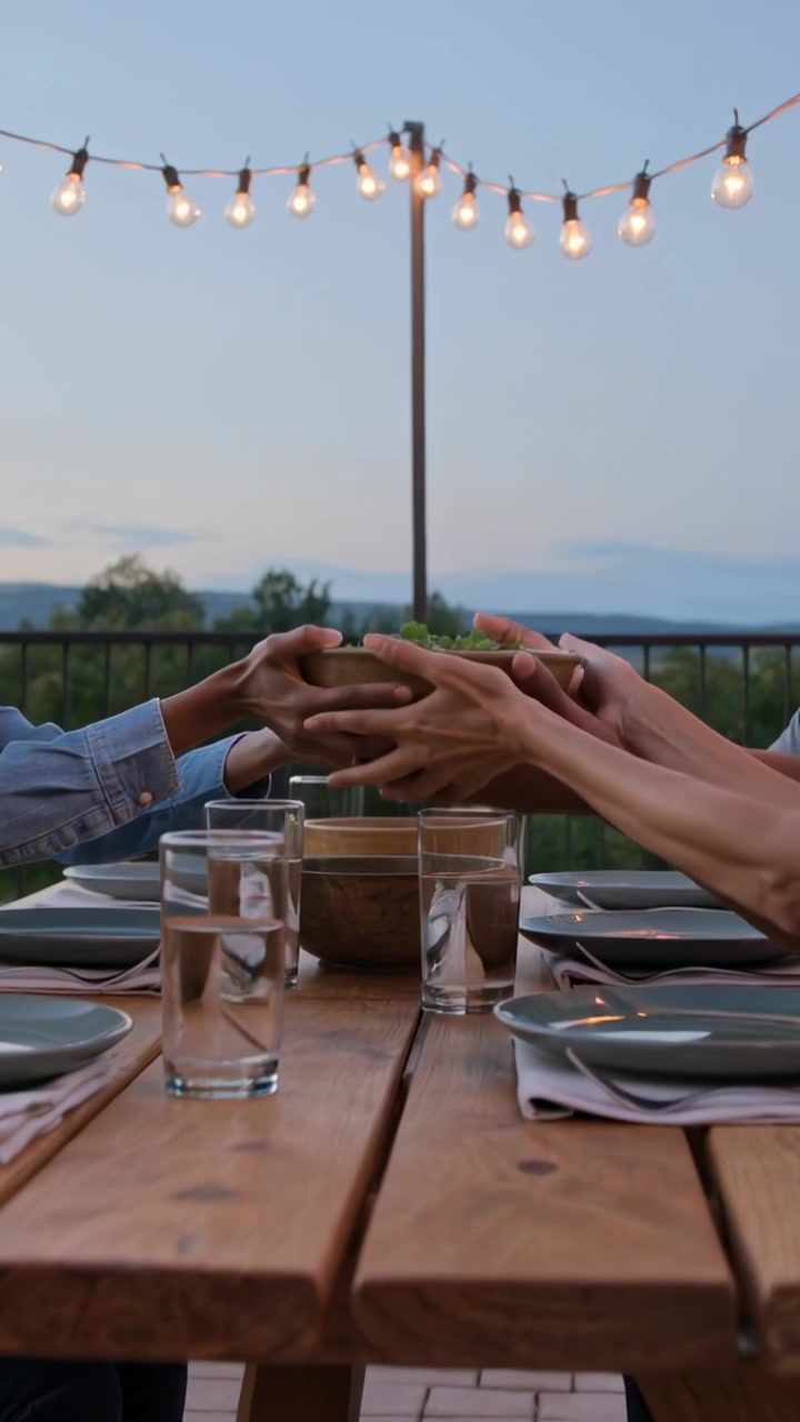 Vídeo vertical: Pessoa à esquerda levantando e passando tigela de madeira sobre mesa de madeira ao entardecer, compartilhando salada.