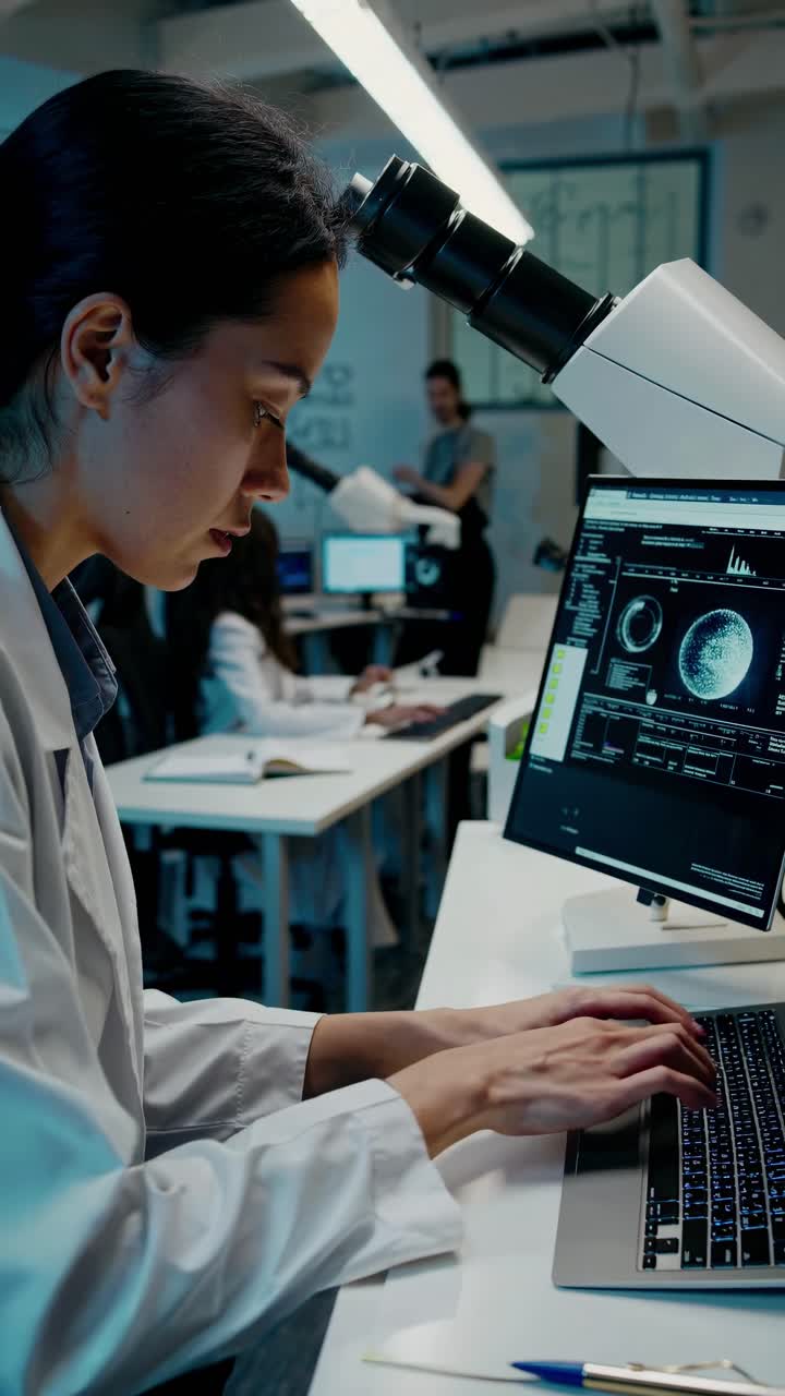 A side-angle shot of a scientist in a lab coat working on a computer with a microscope