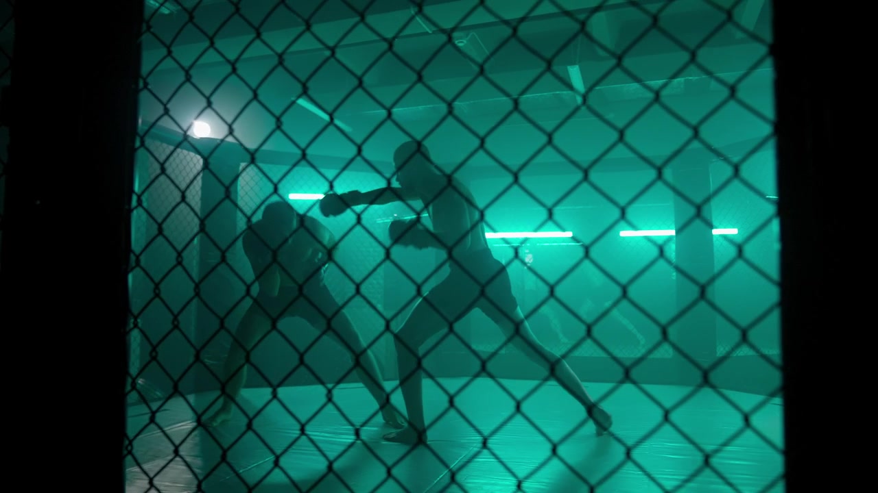 Sagome di lottatori di MMA in lotta in una gabbia illuminata di verde
