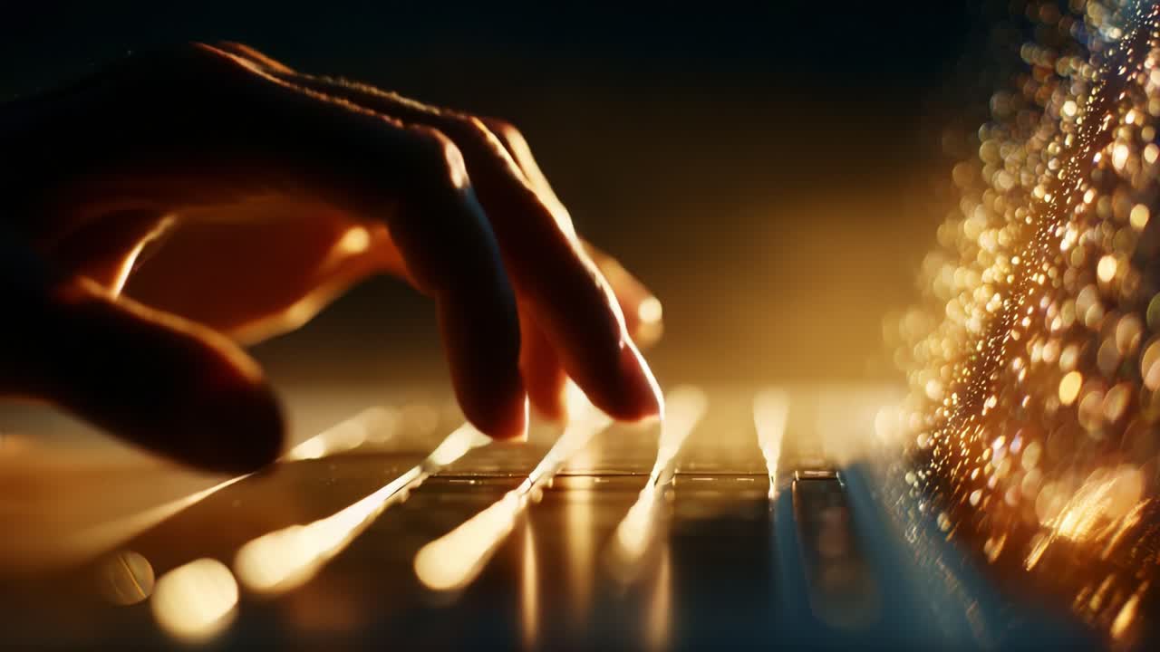 A Hand Typing on a Glimmering Keyboard with Soft Lighting – Capturing the Essence of Creativity and Focus in a Digital World through Subtle Reflections and Shadows