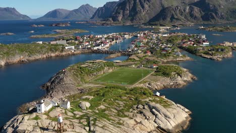 norway lofoten football field stadium in henningsvaer from above.