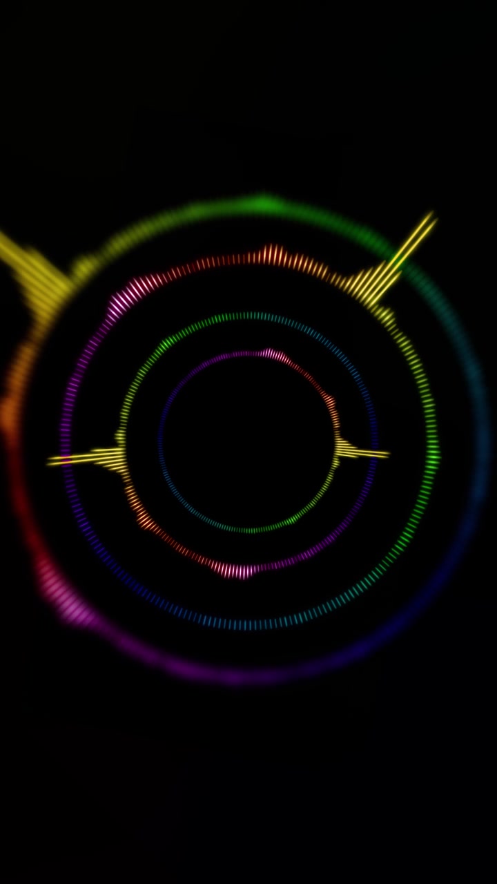 Color audio spectrum rings background with circular equalizer waves rainbow glow black digital space