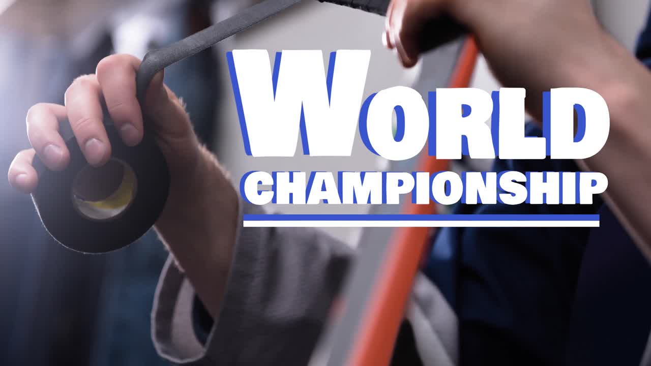 animación del texto del campeonato mundial sobre la cinta del jugador de hockey sobre hielo