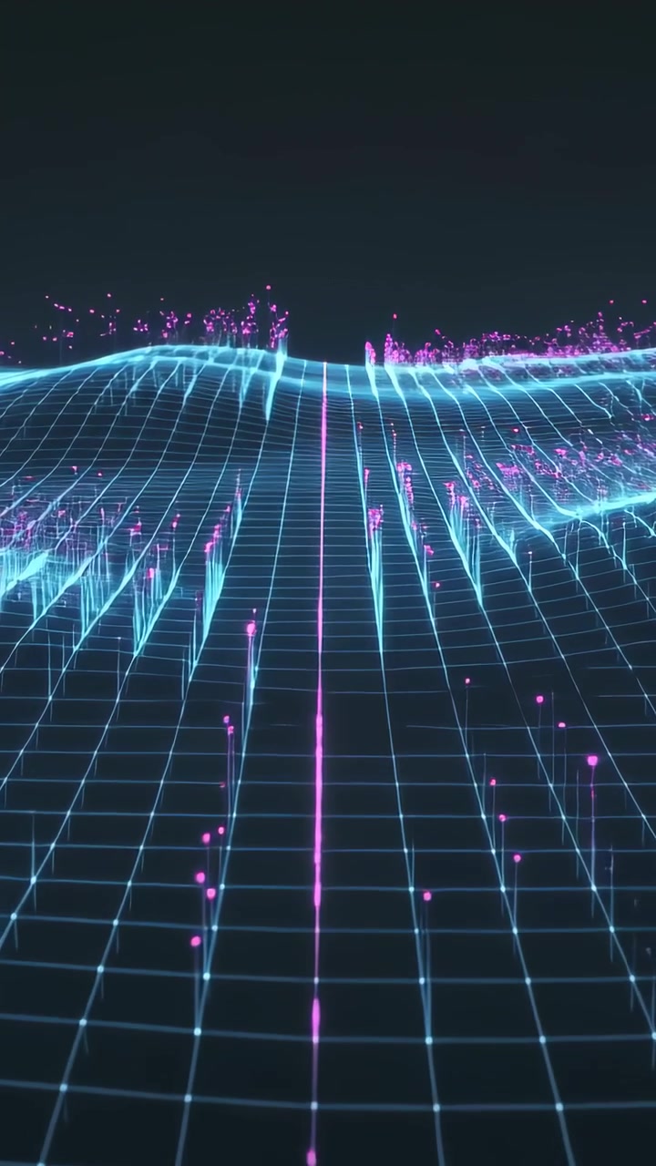 Video verticale: Linea magenta pulsante che proietta una griglia ciano neon, creando creste d'onda nel vuoto con scintille.