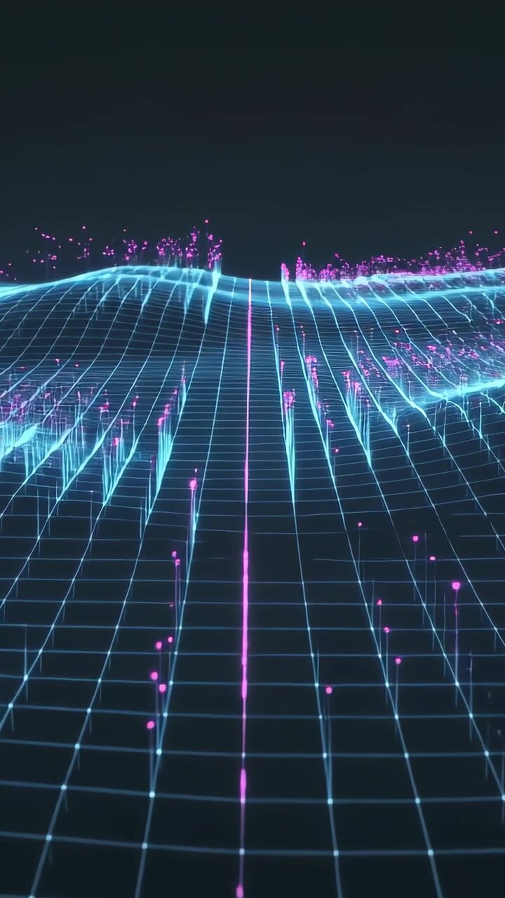 Video verticale: Linea magenta pulsante che proietta una griglia ciano neon, creando creste d'onda nel vuoto con scintille.