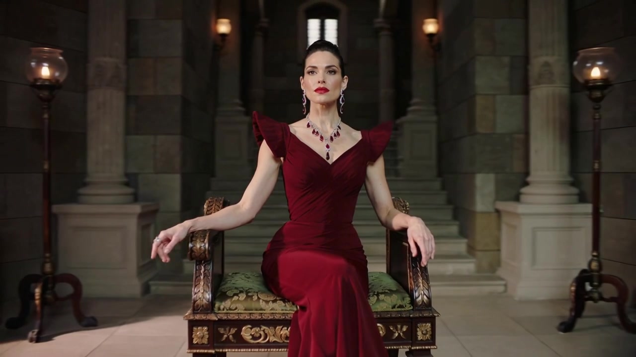 Cámara en paneo, mujer en un salón incorporándose, levantando la barbilla, mirando a la cámara, mostrando un vestido rojo, trono