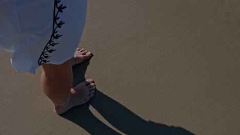 a close-up of a woman's feet standing on the shoreline of a beach, with a shallow wave not quite reaching her feet