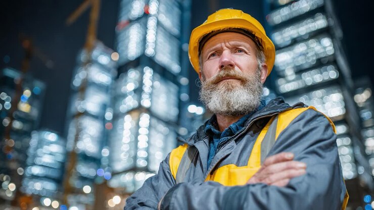 A Determined Construction Worker in a Hard Hat and Safety Gear Overlooks the Cityscape at Night, Emphasizing the Importance of Safety and Vigilance in Urban Projects