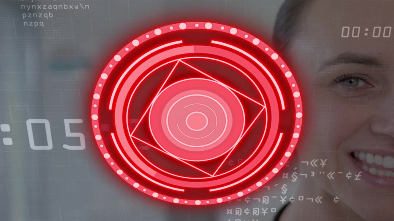 Woman reacting to counter incrementing, red HUD pulsing over face and revealing code for tech demo