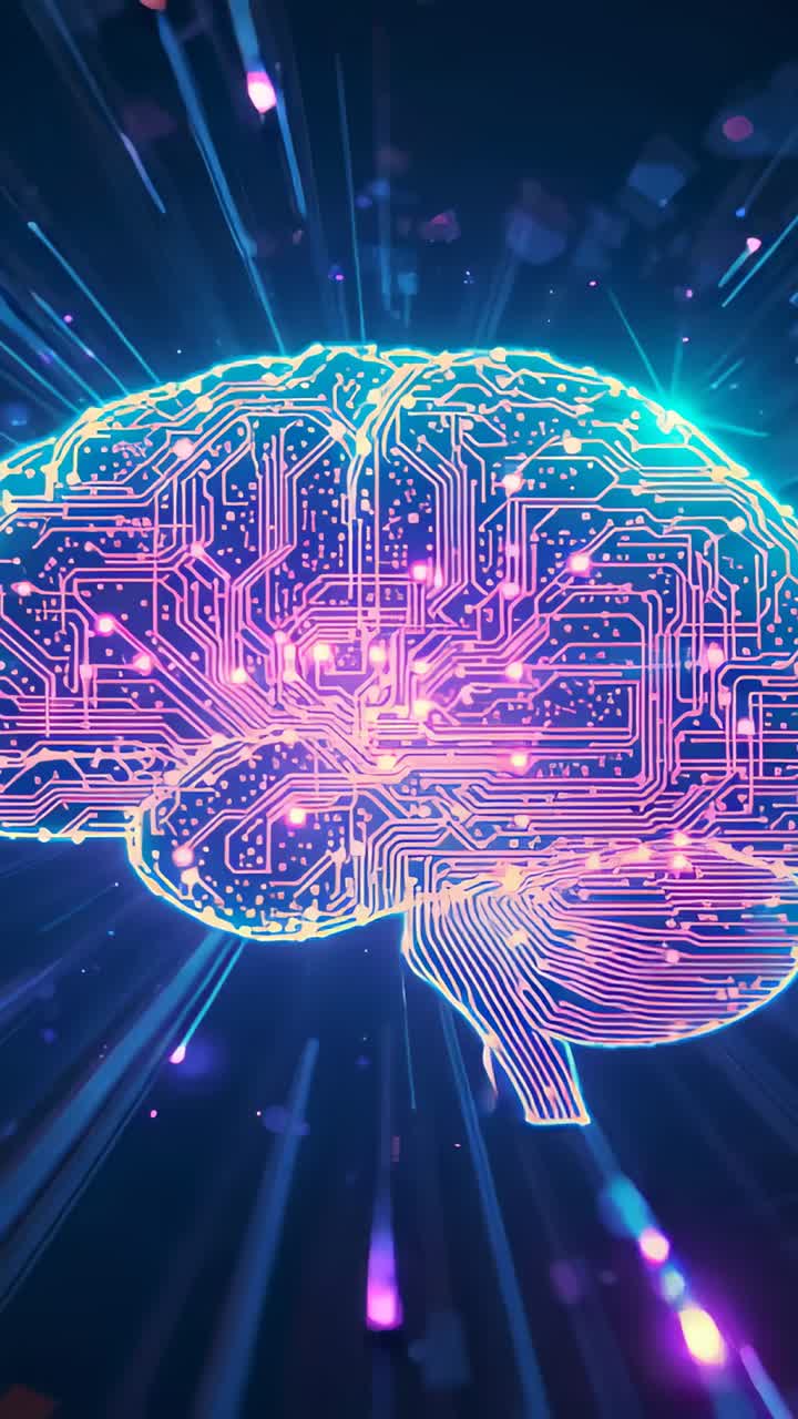 Vertical video: Pulsing neon brain after cyan outline flashing, streaks falling in void, bulb stem