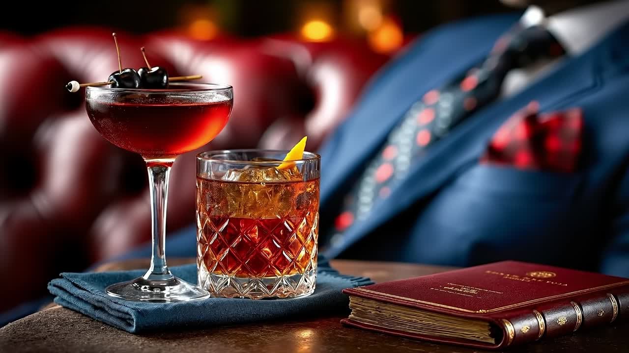 A man in a suit sitting at a table with a book and a cocktail