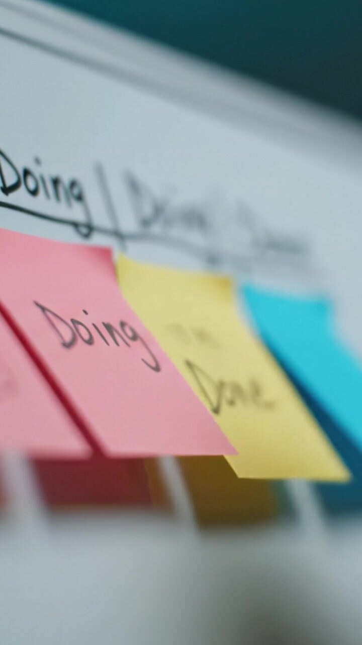 Colorful Sticky Notes on a Whiteboard Show Progress with Categories 'Doing', 'Done', and Highlights of Task Management and Organization in Action