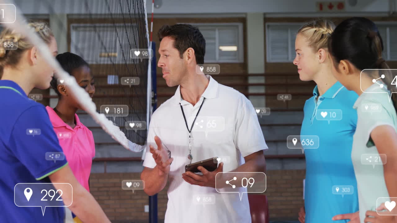 Discussing strategy, volleyball coach with diverse players, animation of social media icons