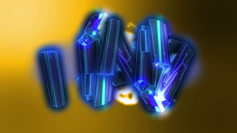 animation of glowing blue metallic rods floating over yellow electric current on yellow background