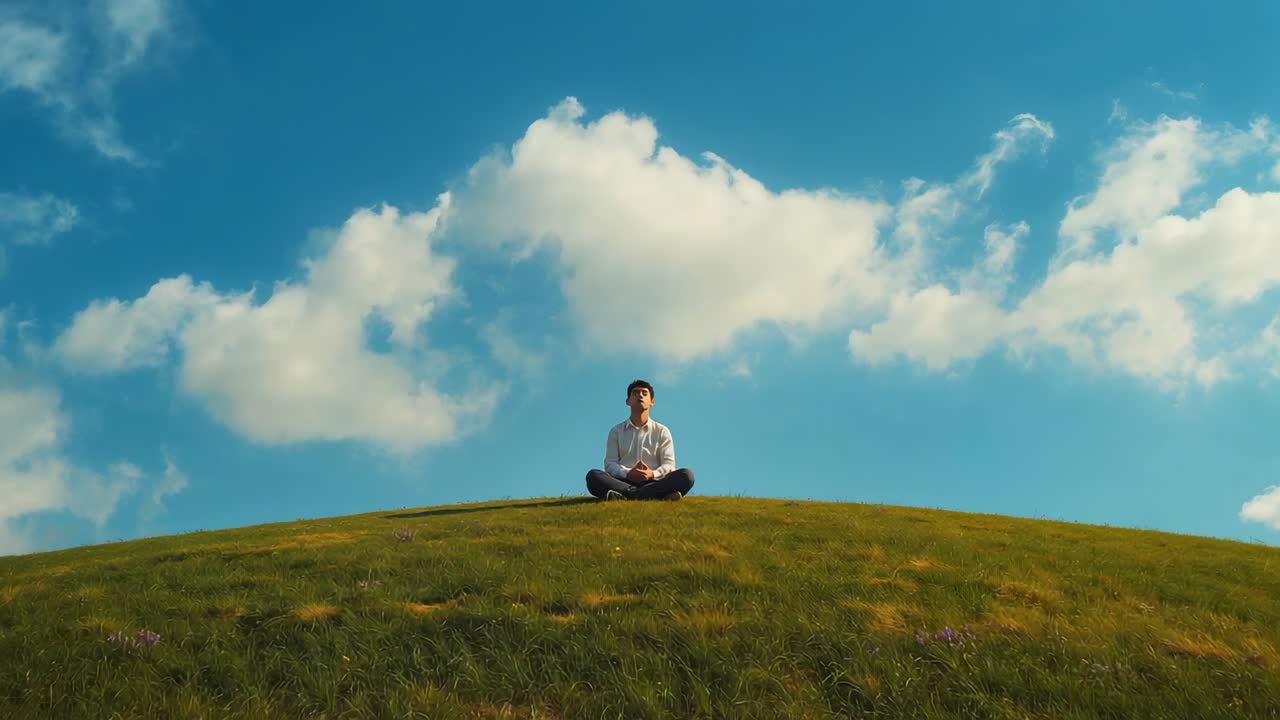 Sun drawing man lifting chin, smiling, looking up under cumulus clouds on hilltop in light shirt