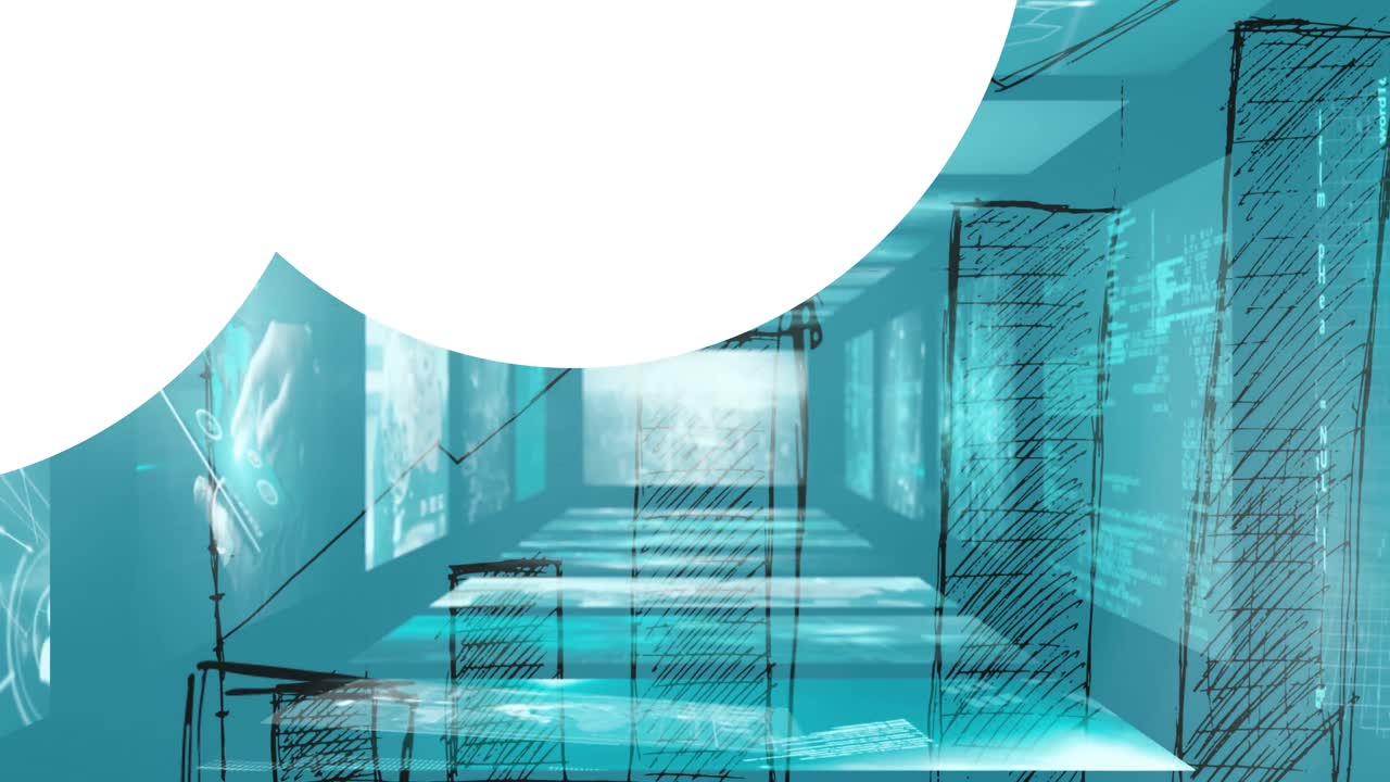 파란색 배경에서 데이터 처리를 통해 모양과 그래프의 애니메이션.