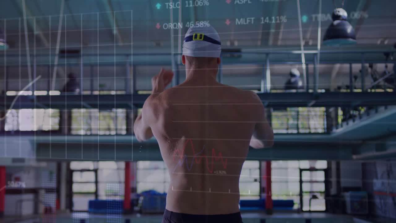 Swimmer putting on cap, warming, rotating shoulder stretching for sports with HUD data overlaying