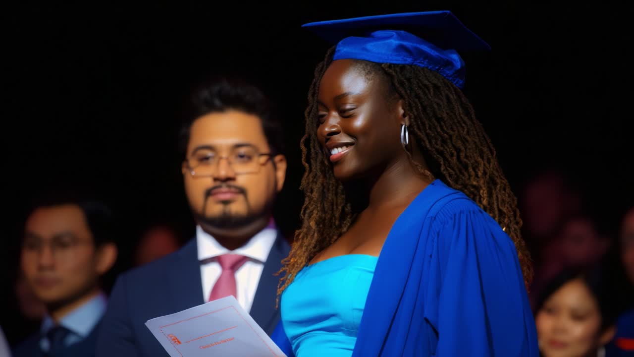 Celebrating Success: A Grinning Graduate in Blue Gown and Cap Receives Her Diploma During a Joyful Ceremony Surrounded by Peers, Symbolizing Achievement and Future Opportunities