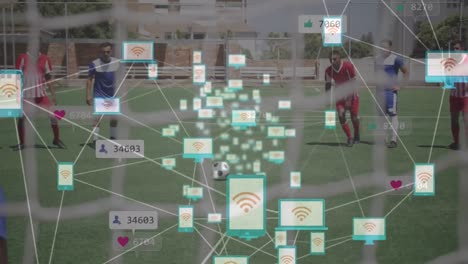 Animation-of-social-media-icons-and-network-of-connections-over-football-players