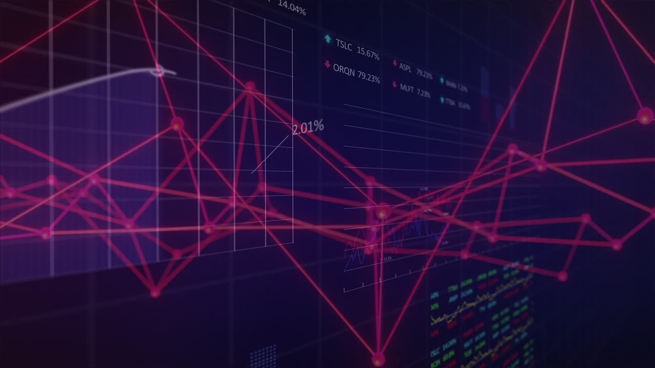 Magenta red 3D wireframe network reconfiguring after camera shift, pulsing nodes showing analytics