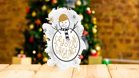 animation of season greetings christmas text and snowman on blurred decorations in background