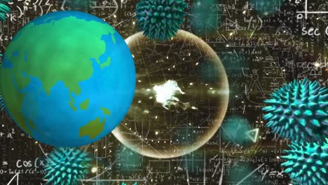 Animation-of-floating-virus-cells-and-rotating-globe-over-mart-formulas-on-black-background