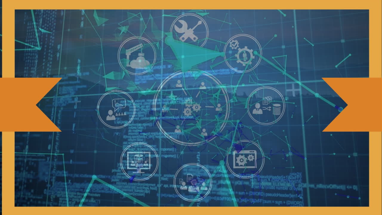 animación de marco naranja a través de la red de conexiones con iconos y procesamiento de datos