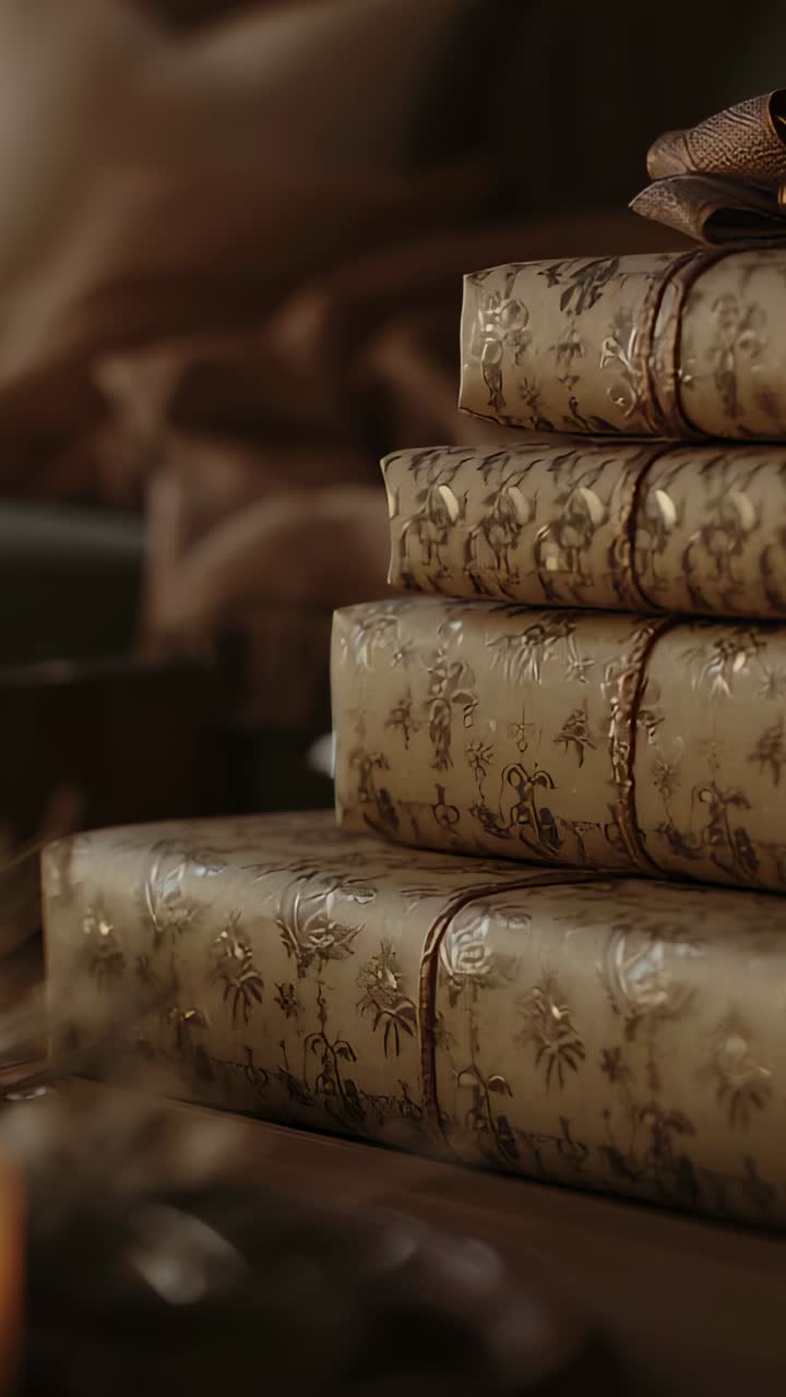 Vertical video: Displaying stack of wrapped gifts on wood tabletop at home, ribbon bow, copy space