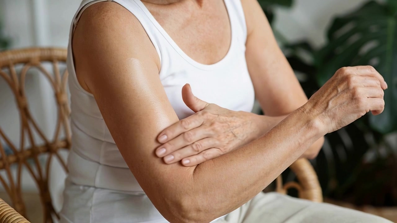 Mujer mayor en camiseta de tirantes aplicando loción en el brazo en casa, sentada en una silla para hidratar su piel.