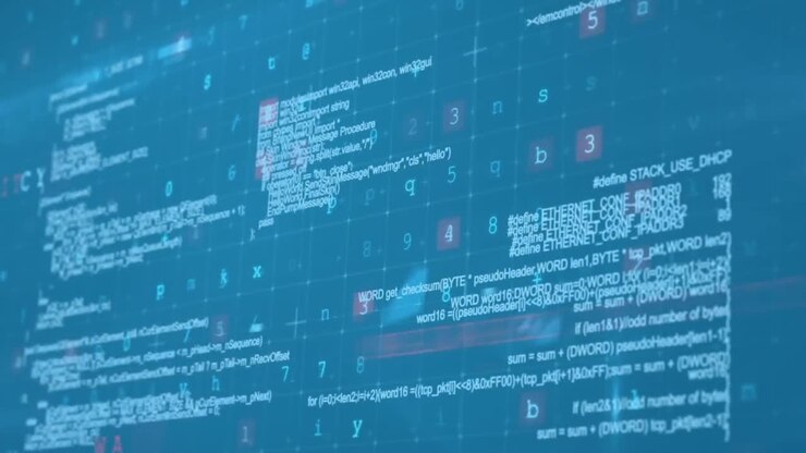 Animation of multiple texts, alphabets, numbers, symbol, programming language over blue background