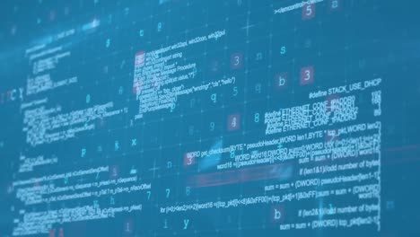animazione di più testi, alfabeti, numeri, simboli, linguaggio di programmazione su sfondo blu.