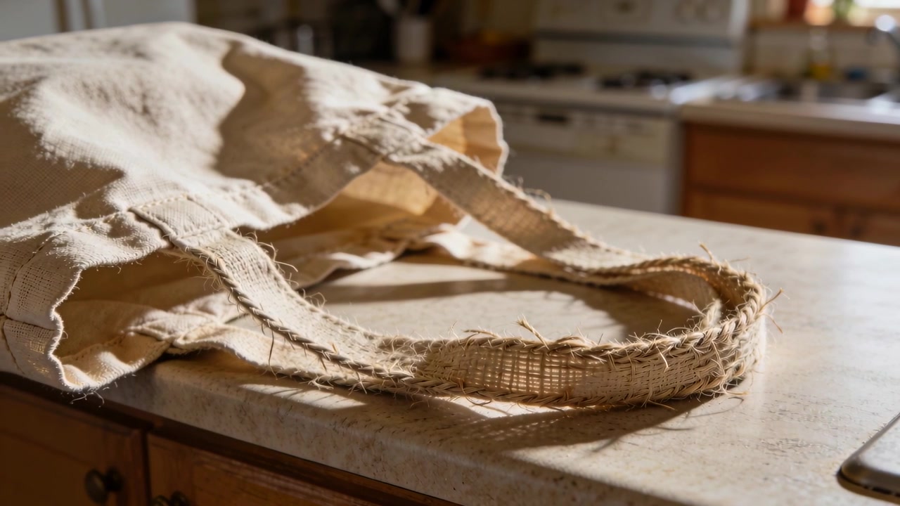 Telecamera che panoramica inquadrando una borsa tote intrecciata sul bancone della cucina mentre la luce si sposta, mostrando il manico sfilacciato