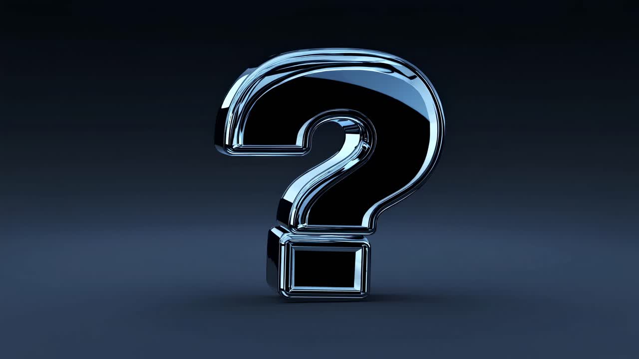 A close-up, low-angle shot of a metallic question mark on a dark background, emphasizing mystery