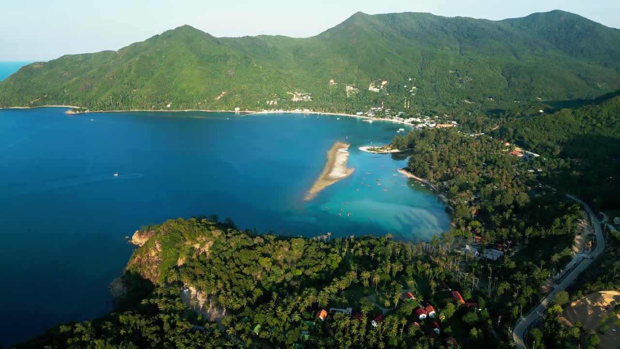 Aerial Fly Ko Phan Gan, Thailand's turquoise water beach, green mountains Gulf, Southeast Asian Paradise