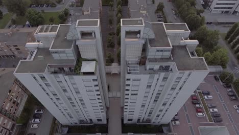 drone fly near to two skyscrapers