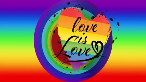 animation of love is love text over rainbow heart background