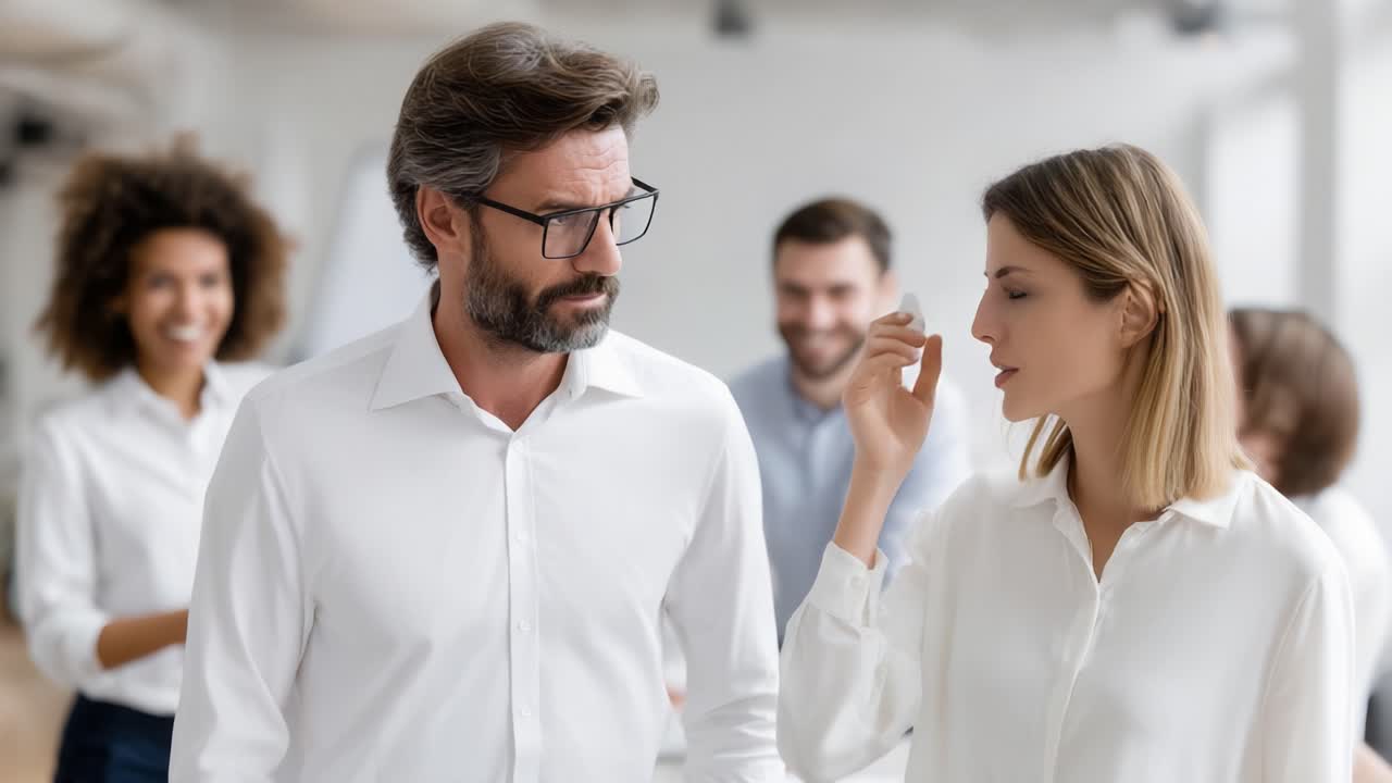 Engaging in Conversations: A Work Environment Scene Where a Woman Addresses Concerns with a Colleague Amidst Other Team Members in an Office Setting