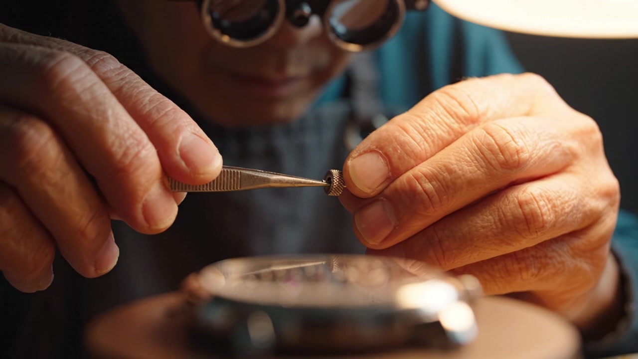 Expert Watchmaker Working with Precision Tweezers on Intricate Watch Mechanism Components Under Soft Lighting in a Workshop Environment