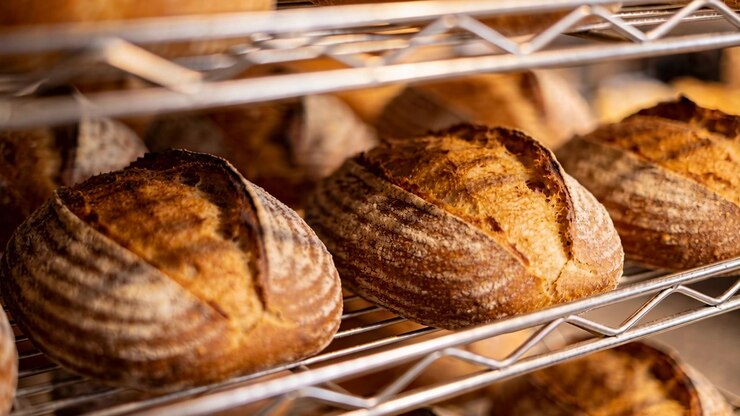 Shot starting moving camera closer to sourdough loaf on wire rack in bakery, showing floured crust