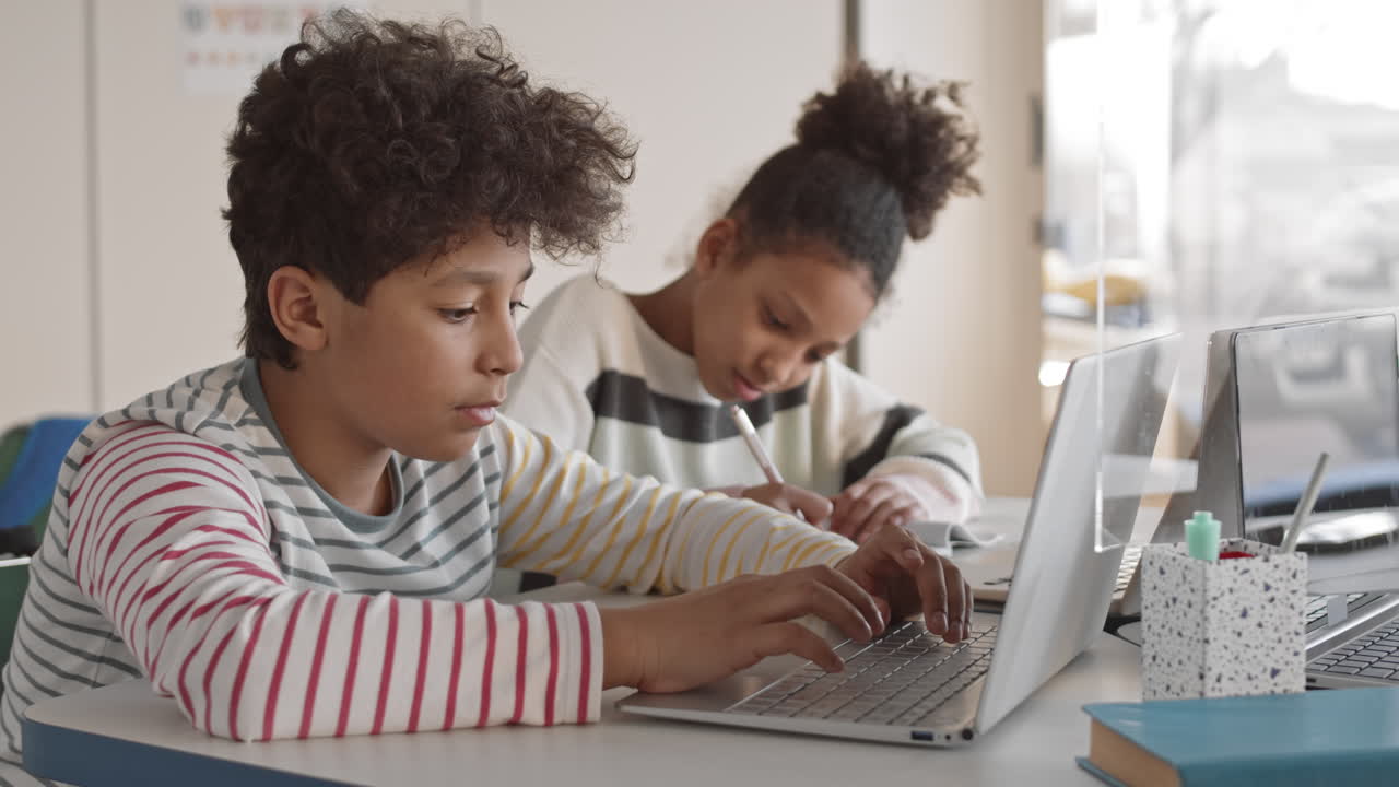 Afro American Siblings at IT Lesson in School