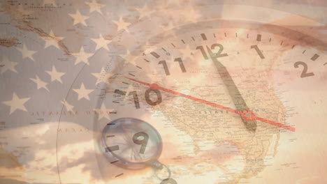 animation of fast moving hands on clock over american flag, map and sunset sky