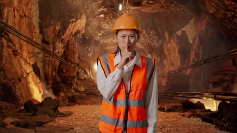 construction worker in a tunnel, signaling silence