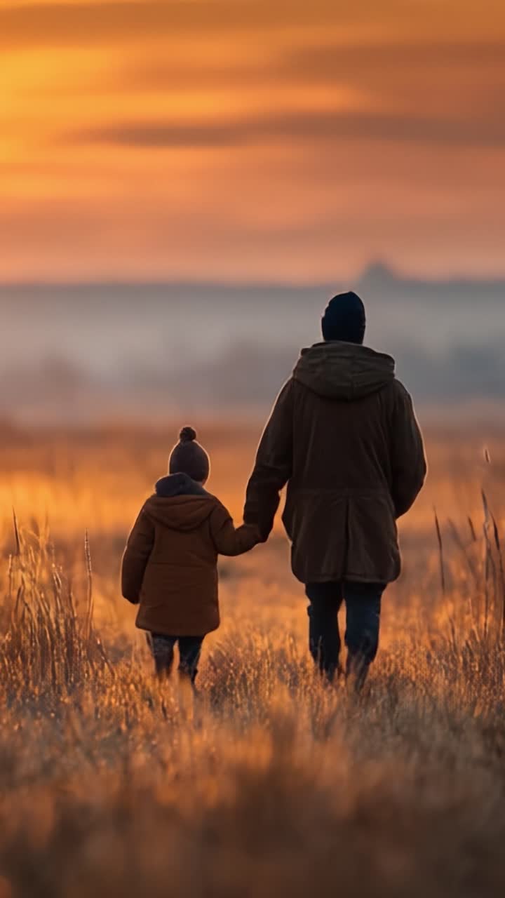 A Heartwarming Moment of Togetherness: A Parent and Child Strolling Hand in Hand Through a Golden Field at Sunset, Embracing Nature's Beauty and Serenity