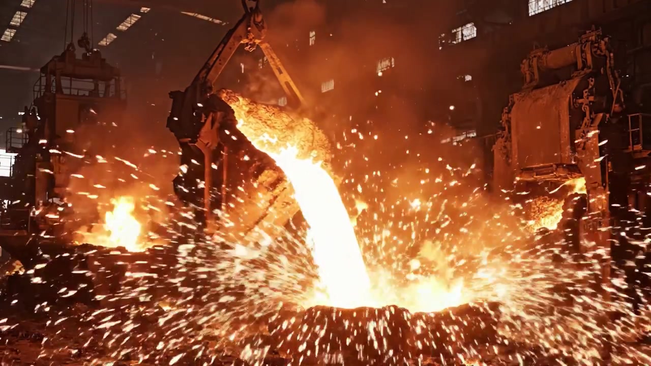 En dramatisk fremvisning af smeltet metal, der hældes i et industristøberi: Oplev kraften og håndværket i metalbearbejdning i aktion.