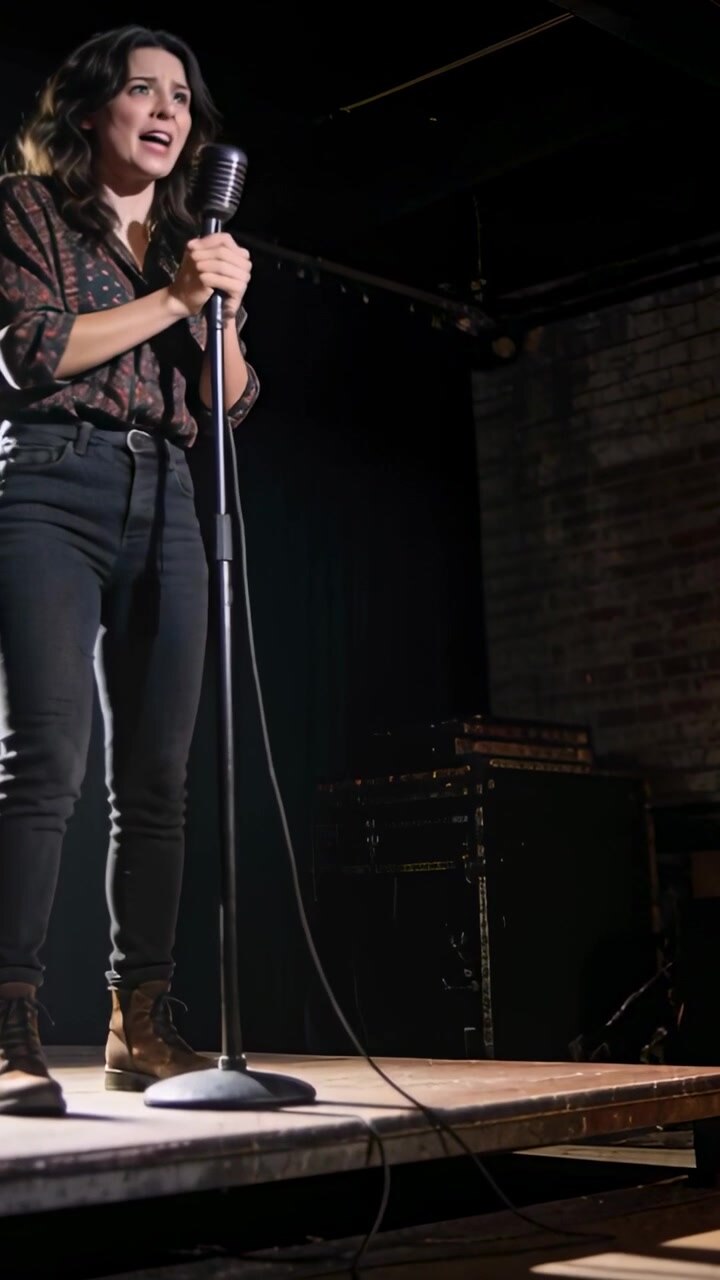 Video verticale: Donna che canta a comando, con un top fantasia, che si china verso un microfono retrò sul palco per esibirsi