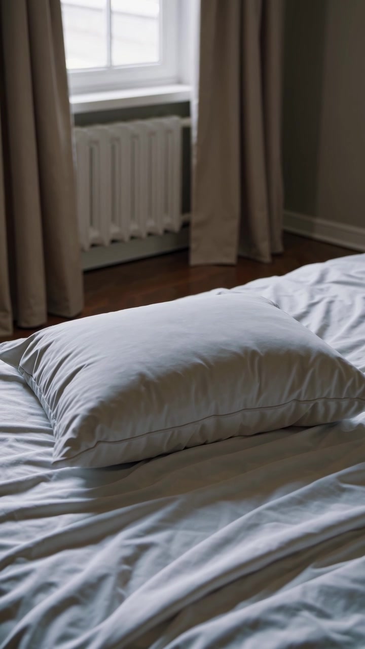Primo piano di un morbido cuscino su un letto rifatto in una camera da letto