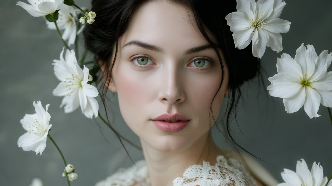 Ritratto di una Donna con Occhi Verdi e Fiori Bianchi